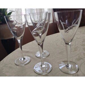 4 Clear Cut Etching Design By Blefeld Goblet Hand Blown  Crystal 8"1/4